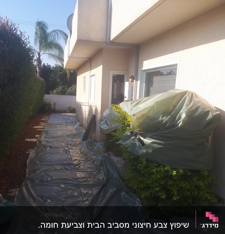 יריעות פלסטיק ירוקות מכסות שביל ליד בית